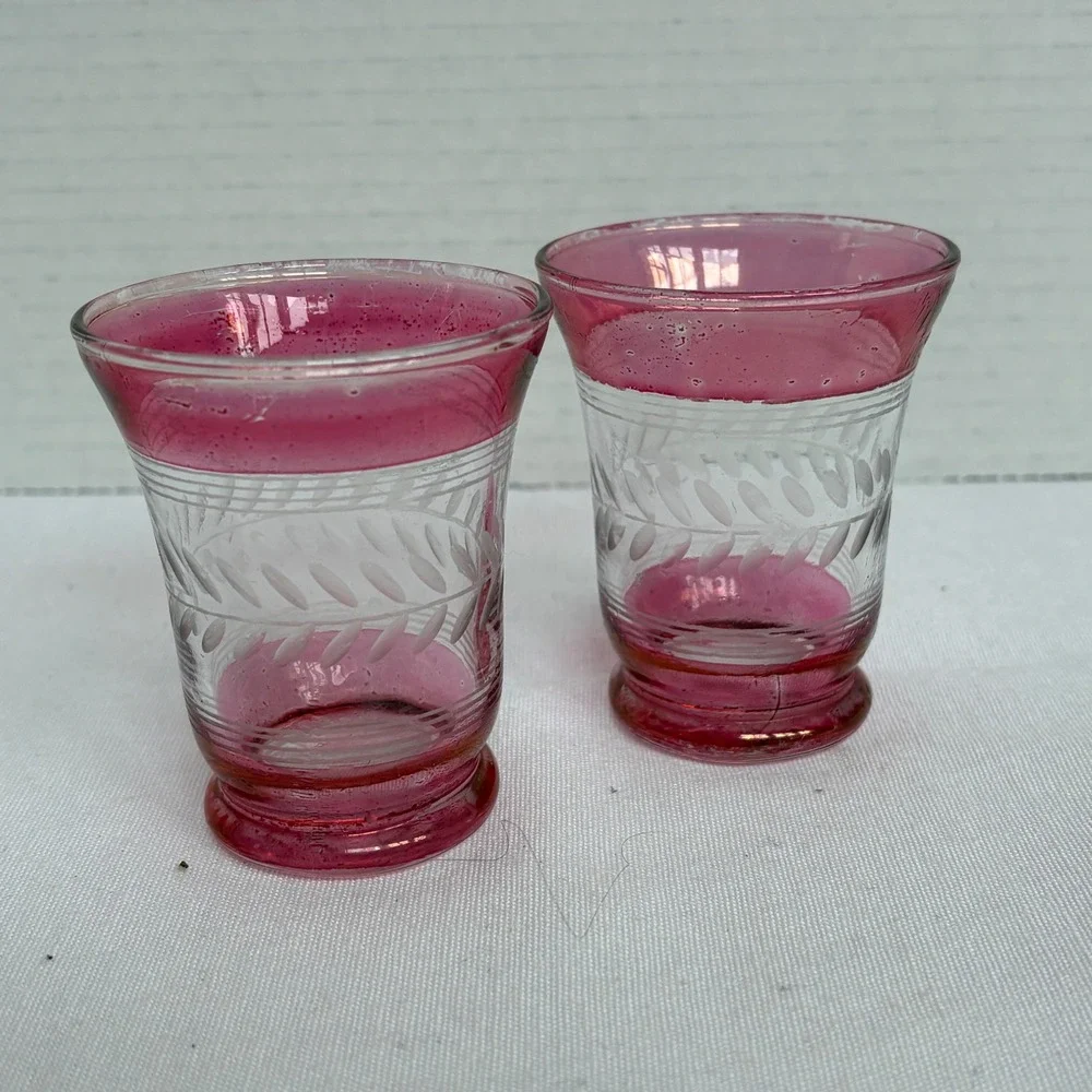 Vintage Cranberry Flashed Glass Shot Glasses Set‎ of 2 Etched Leaf Wheat Pattern